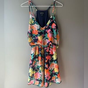 Seductions, size small, halter top, lined mini dress, bright floral pattern